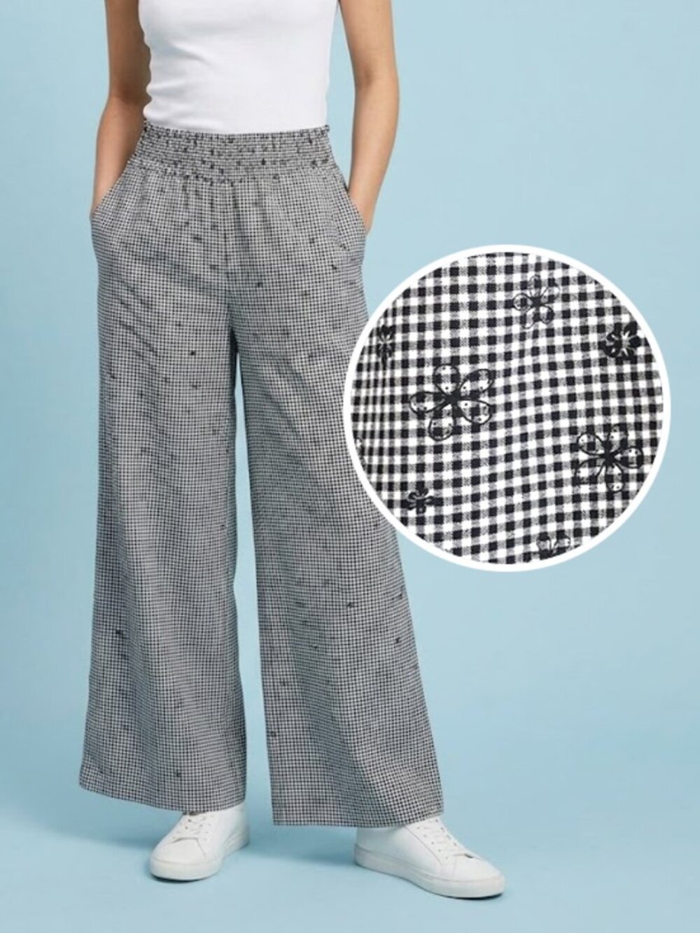 Gingham Floral Comfy Straight Leg Pants Black White Checkered Size M